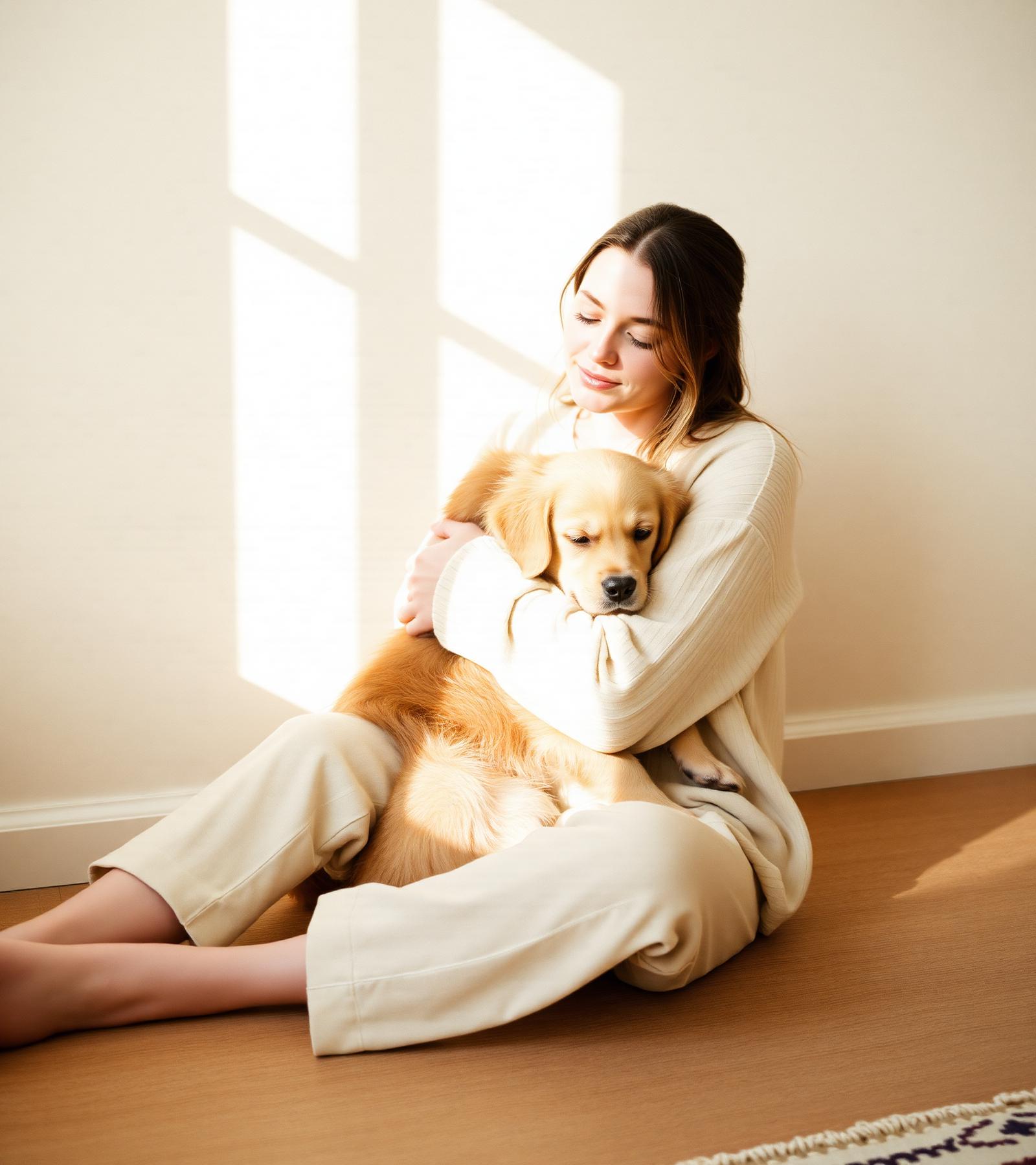 Frau umarmt Golden Retriever in sonnendurchflutetem Zuhause